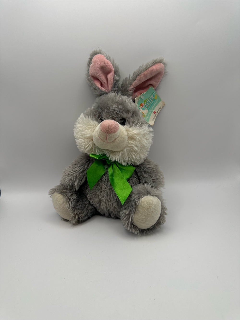 American Greetings Easter Bunny Plush Doll Gray Green Bow w/ Tags 2010